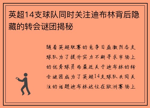 英超14支球队同时关注迪布林背后隐藏的转会谜团揭秘